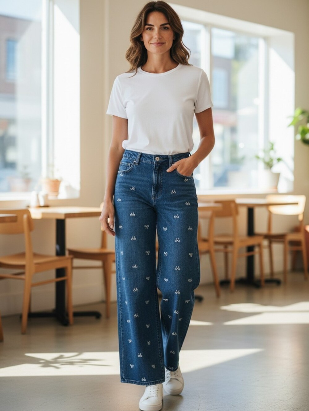 J. Crew Dark Blue Wide-Leg Jeans with White Bow Embroidery Size 30